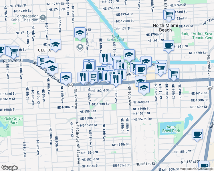 map of restaurants, bars, coffee shops, grocery stores, and more near 1402 Northeast 163rd Street in North Miami Beach