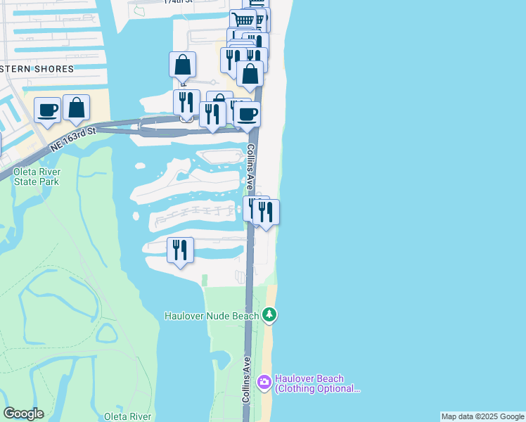 map of restaurants, bars, coffee shops, grocery stores, and more near in Sunny Isles Beach