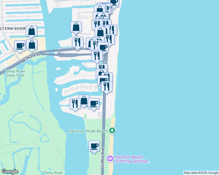 map of restaurants, bars, coffee shops, grocery stores, and more near 16049 Collins Avenue in Sunny Isles Beach