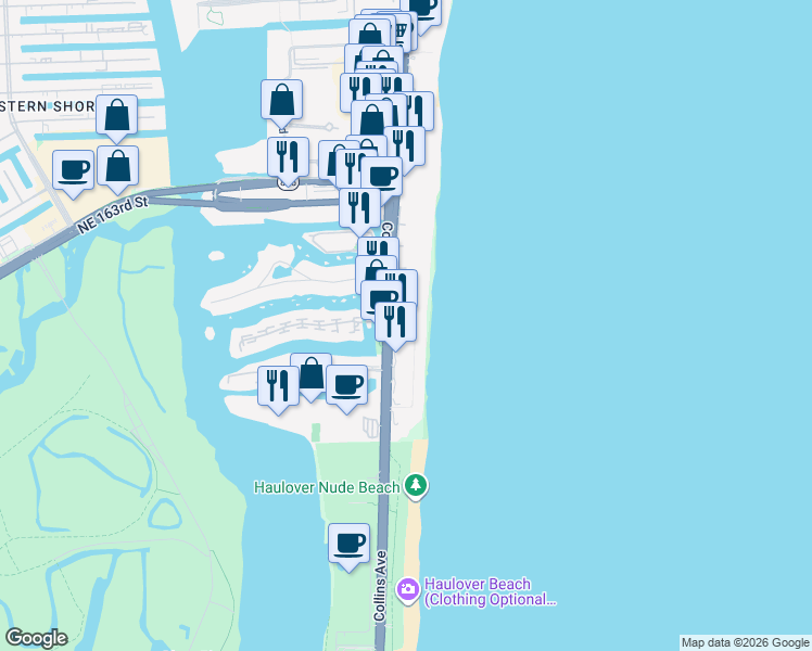 map of restaurants, bars, coffee shops, grocery stores, and more near in Sunny Isles Beach