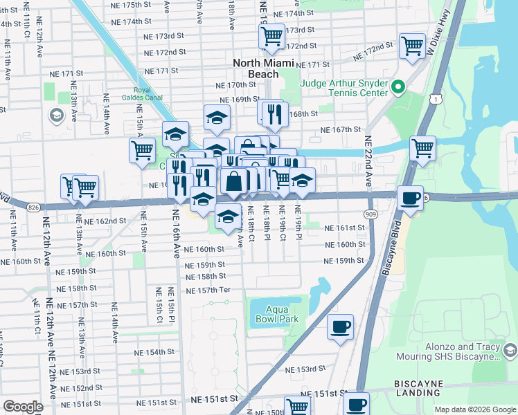map of restaurants, bars, coffee shops, grocery stores, and more near in North Miami Beach