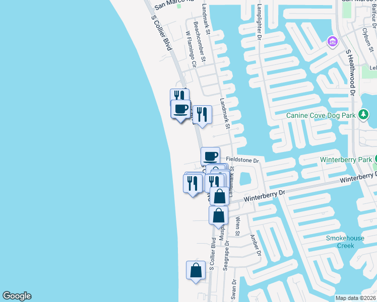 map of restaurants, bars, coffee shops, grocery stores, and more near 480 South Collier Boulevard in Marco Island