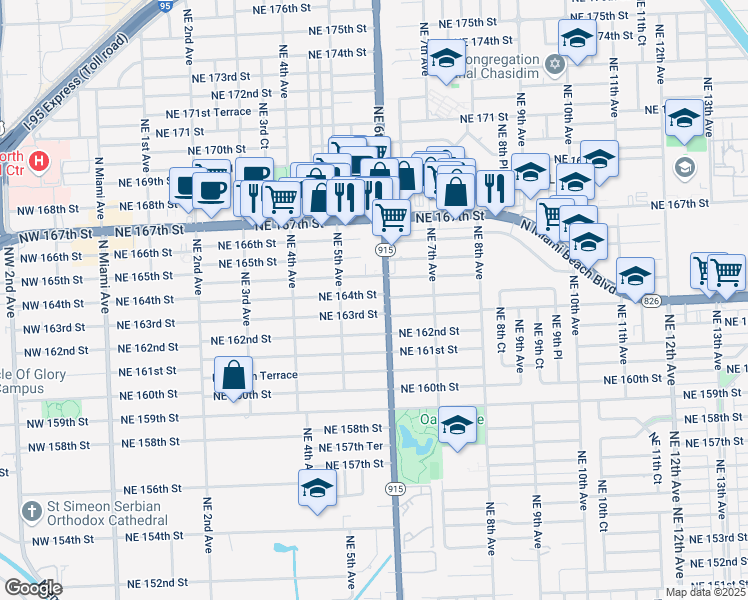 map of restaurants, bars, coffee shops, grocery stores, and more near 570 Northeast 164th Street in North Miami Beach