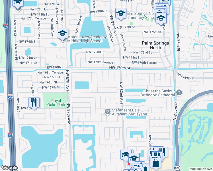 map of restaurants, bars, coffee shops, grocery stores, and more near 16802 Northwest 83rd Avenue in Hialeah