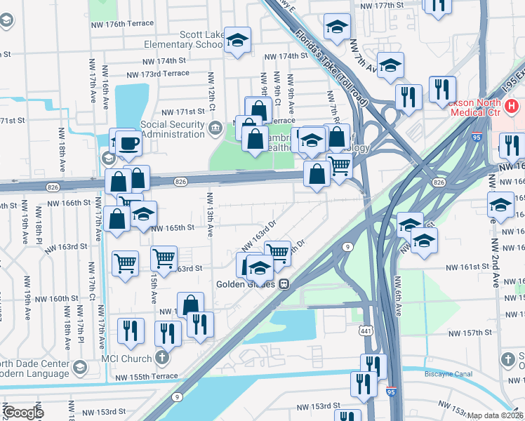 map of restaurants, bars, coffee shops, grocery stores, and more near 1111 Northwest 165th Street in Miami