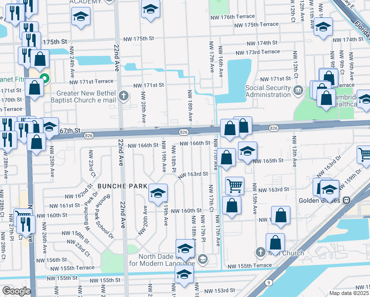 map of restaurants, bars, coffee shops, grocery stores, and more near 1781 Northwest 166th Street in Opa-locka