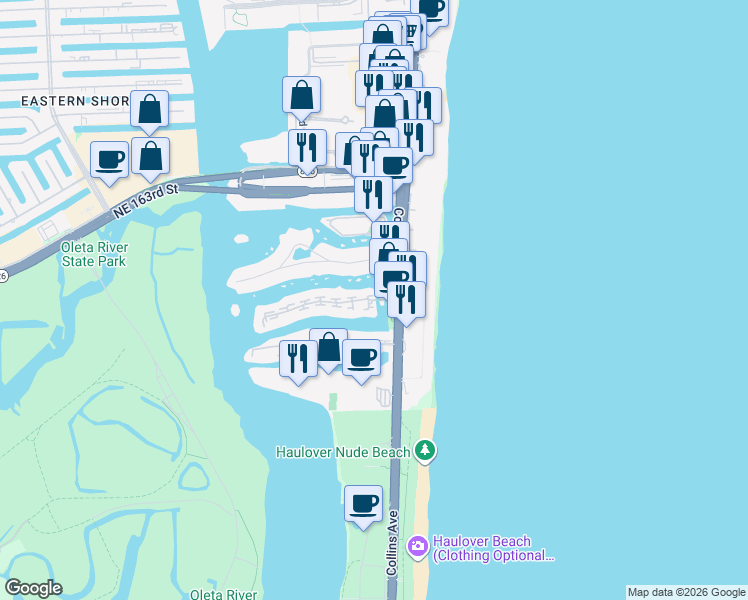 map of restaurants, bars, coffee shops, grocery stores, and more near 215 Poinciana Island Drive in Sunny Isles Beach