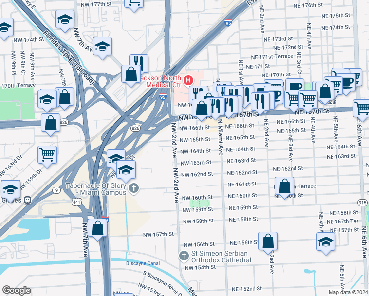 map of restaurants, bars, coffee shops, grocery stores, and more near 152 Northwest 165th Street in Miami
