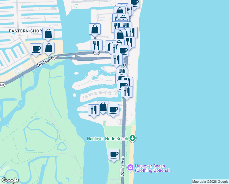 map of restaurants, bars, coffee shops, grocery stores, and more near 215 Poinciana Island Drive in Sunny Isles Beach