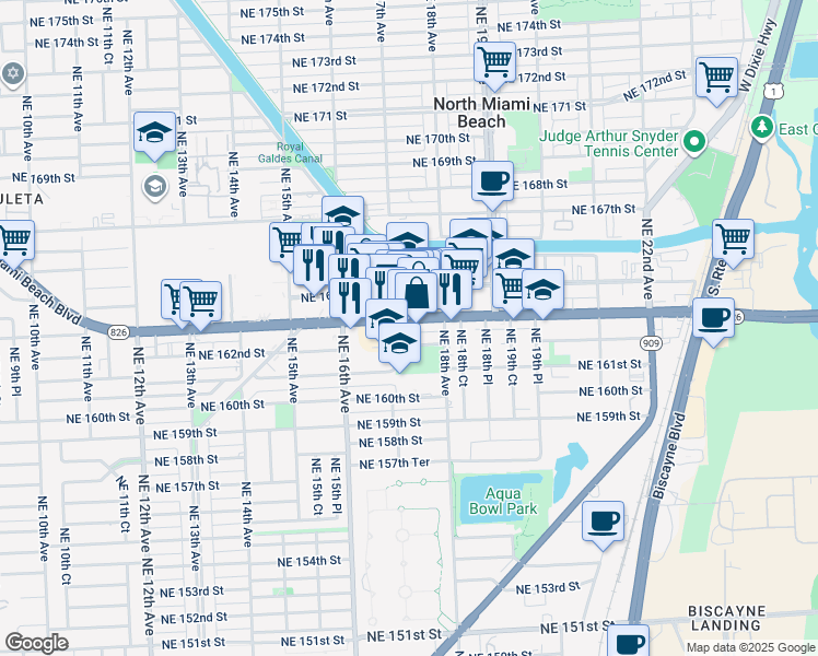 map of restaurants, bars, coffee shops, grocery stores, and more near 1658 Northeast 163rd Street in North Miami Beach