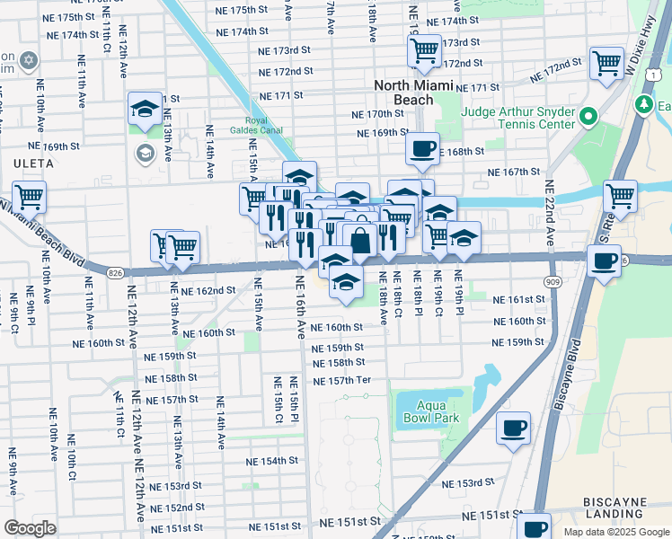 map of restaurants, bars, coffee shops, grocery stores, and more near 1658 Northeast 163rd Street in North Miami Beach
