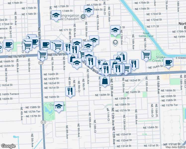map of restaurants, bars, coffee shops, grocery stores, and more near 1051 Northeast 163rd Street in North Miami Beach