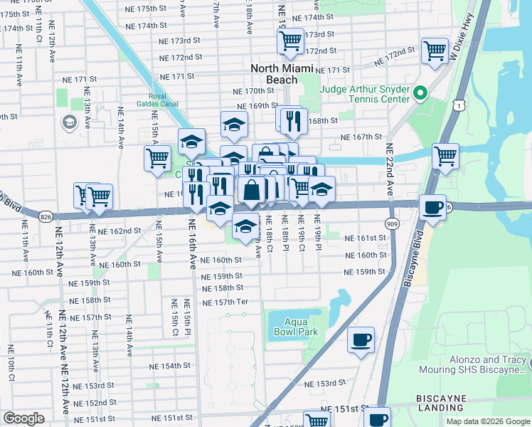 map of restaurants, bars, coffee shops, grocery stores, and more near in North Miami Beach