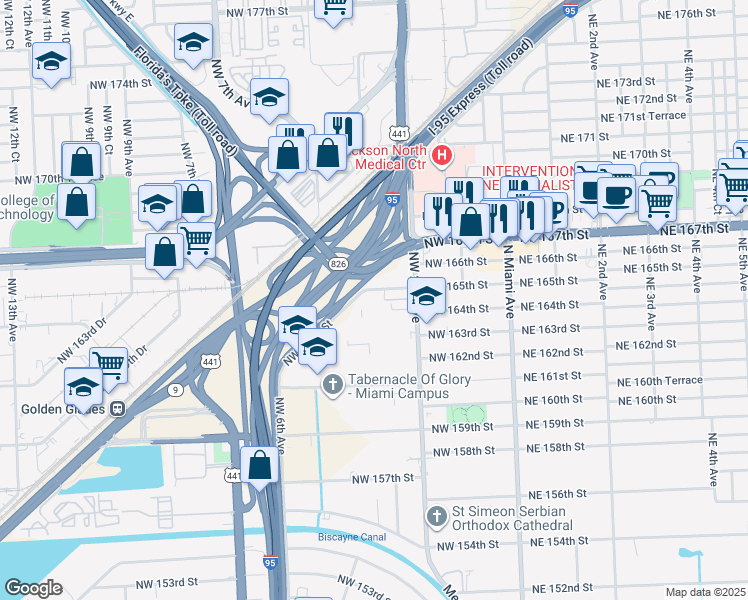 map of restaurants, bars, coffee shops, grocery stores, and more near 290 Northwest 165th Street in Miami