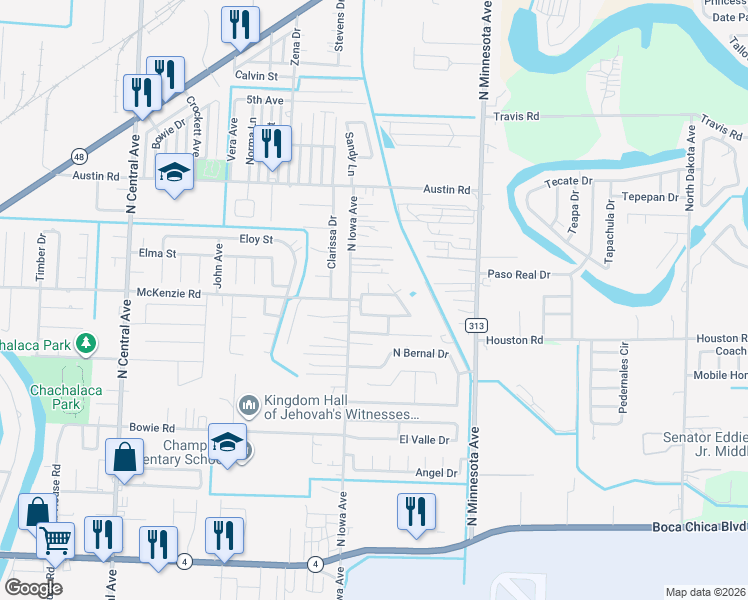 map of restaurants, bars, coffee shops, grocery stores, and more near 75 Vera Cruz Avenue in Brownsville