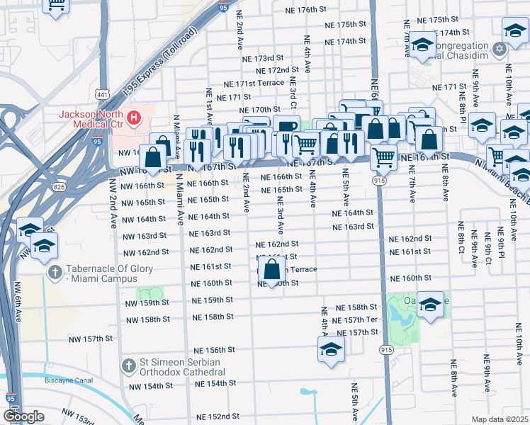 map of restaurants, bars, coffee shops, grocery stores, and more near 280 Northeast 164th Terrace in Miami