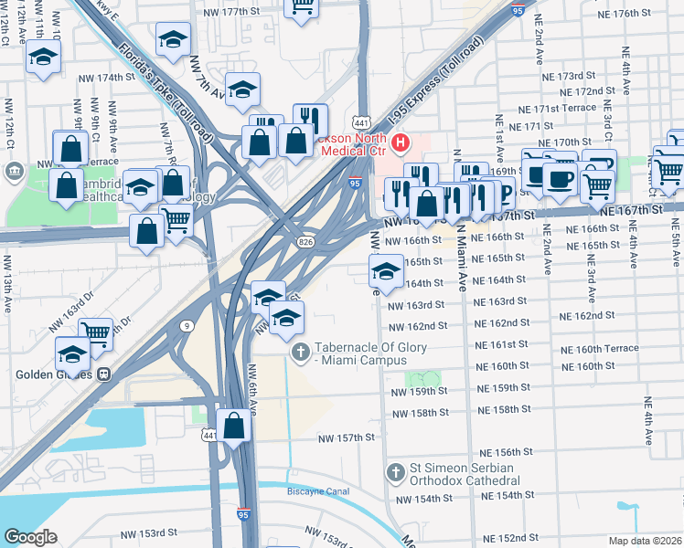 map of restaurants, bars, coffee shops, grocery stores, and more near 290 Northwest 165th Street in Miami