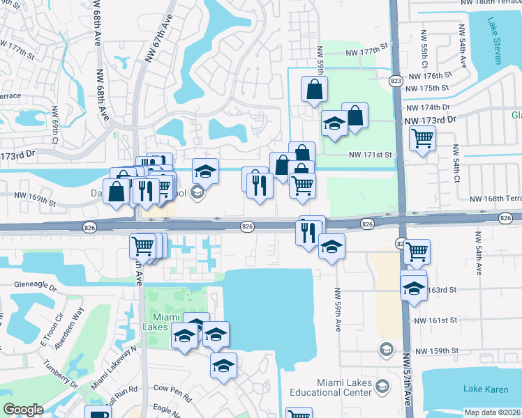 map of restaurants, bars, coffee shops, grocery stores, and more near 6157 Northwest 167th Street in Hialeah