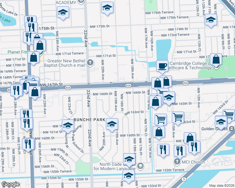 map of restaurants, bars, coffee shops, grocery stores, and more near 1861 Northwest 166th Street in Opa-locka