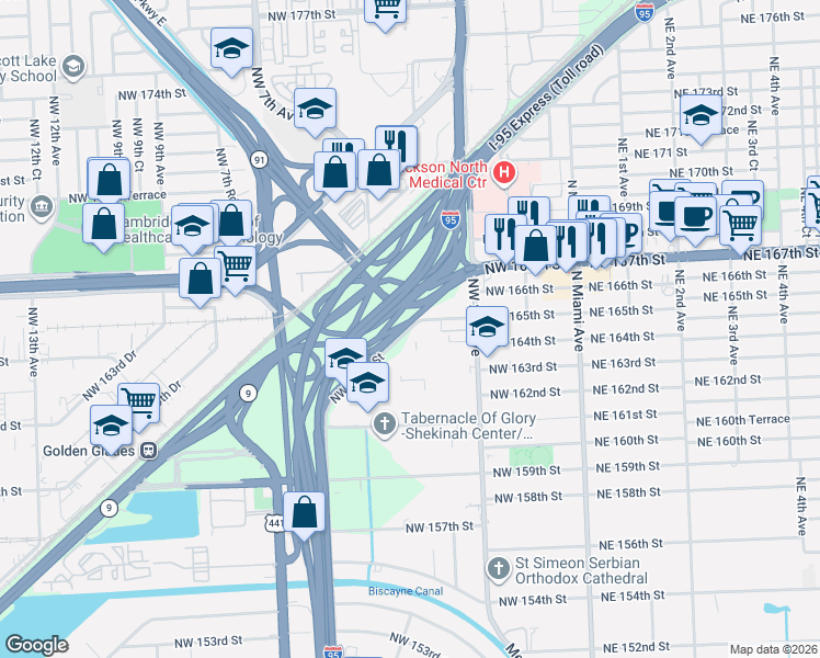 map of restaurants, bars, coffee shops, grocery stores, and more near 14250 Southwest 62nd Street in Miami