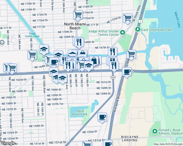 map of restaurants, bars, coffee shops, grocery stores, and more near 1973 Northeast 163rd Street in Miami