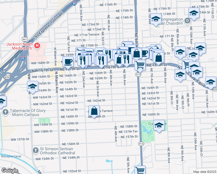 map of restaurants, bars, coffee shops, grocery stores, and more near 350 Northeast 164th Terrace in Miami