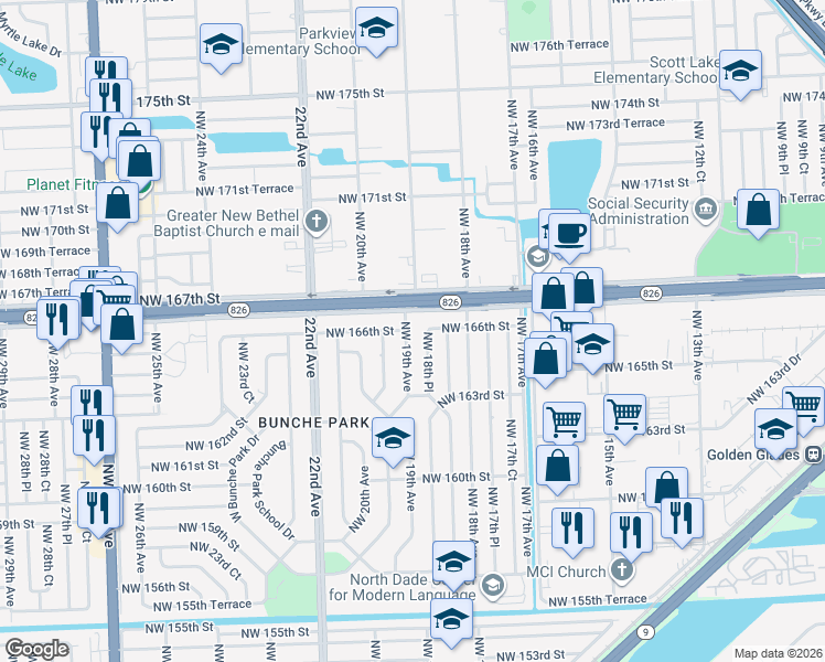 map of restaurants, bars, coffee shops, grocery stores, and more near 1861 Northwest 166th Street in Opa-locka