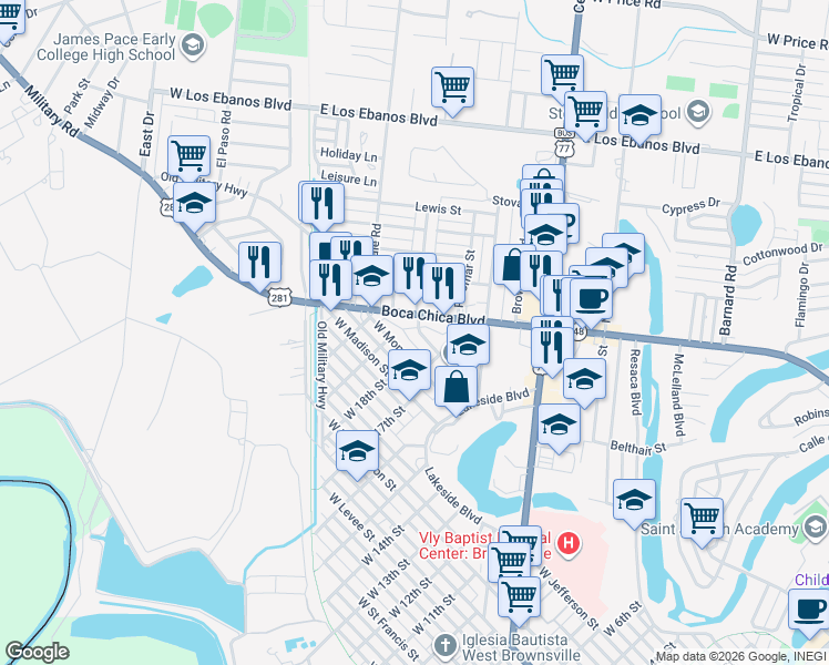 map of restaurants, bars, coffee shops, grocery stores, and more near 244 Boca Chica Boulevard in Brownsville