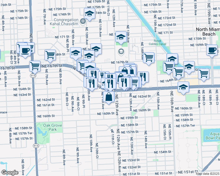 map of restaurants, bars, coffee shops, grocery stores, and more near in North Miami Beach