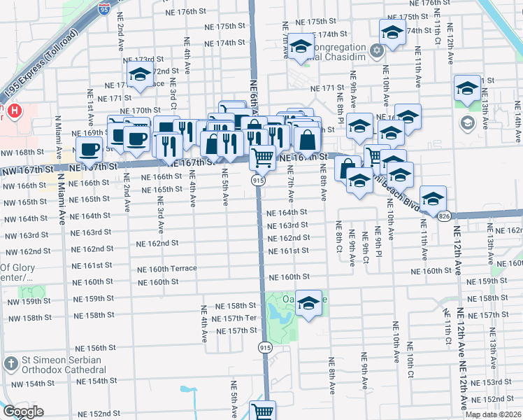 map of restaurants, bars, coffee shops, grocery stores, and more near in Biscayne Gardens