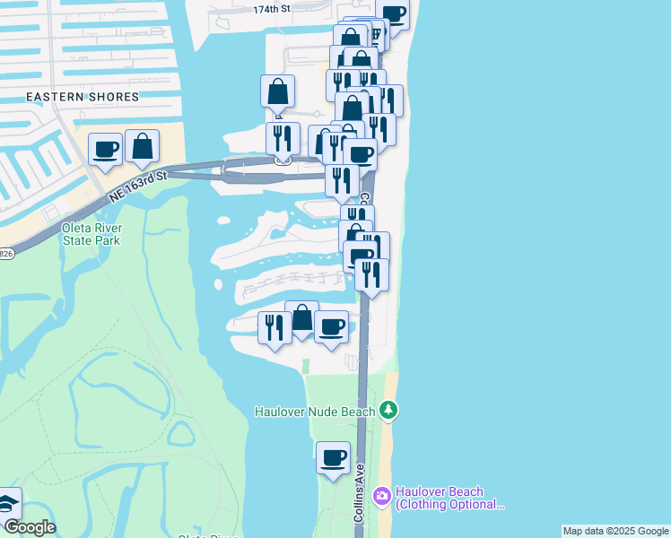 map of restaurants, bars, coffee shops, grocery stores, and more near 215 Poinciana Island Drive in Sunny Isles Beach
