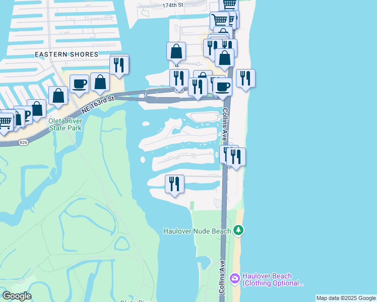 map of restaurants, bars, coffee shops, grocery stores, and more near 301 Poinciana Island Drive in Sunny Isles Beach