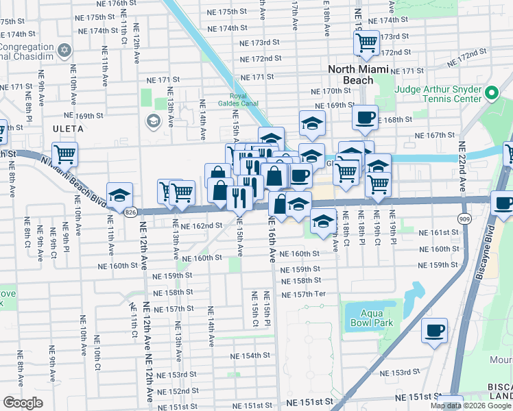 map of restaurants, bars, coffee shops, grocery stores, and more near North Miami Beach Boulevard in North Miami Beach