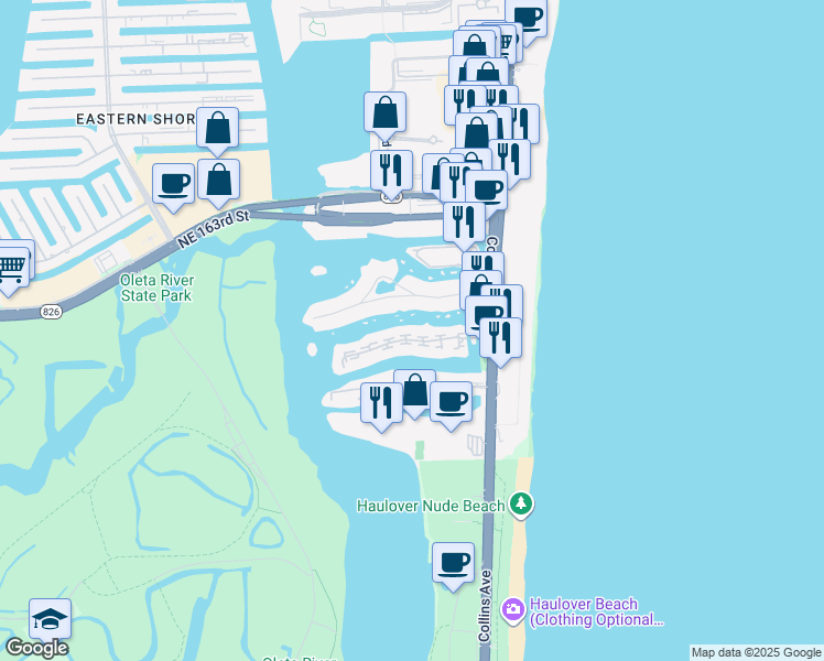 map of restaurants, bars, coffee shops, grocery stores, and more near 301 Poinciana Island Drive in Sunny Isles Beach