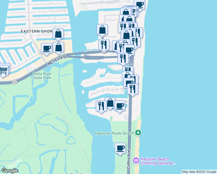 map of restaurants, bars, coffee shops, grocery stores, and more near 301 Poinciana Island Drive in Sunny Isles Beach