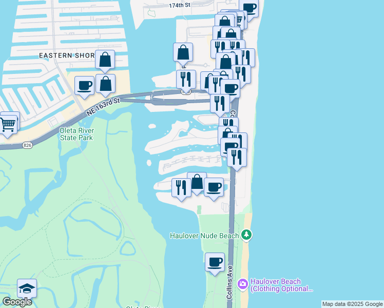 map of restaurants, bars, coffee shops, grocery stores, and more near 301 Poinciana Island Drive in Sunny Isles Beach