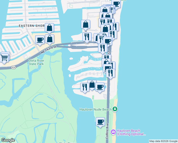 map of restaurants, bars, coffee shops, grocery stores, and more near 301 Poinciana Island Drive in Sunny Isles Beach