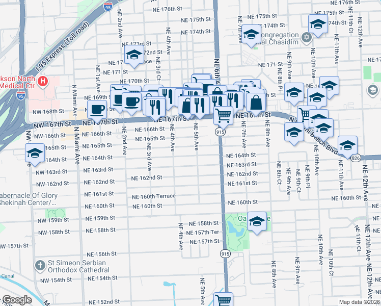 map of restaurants, bars, coffee shops, grocery stores, and more near 500 Northeast 164th Terrace in Miami