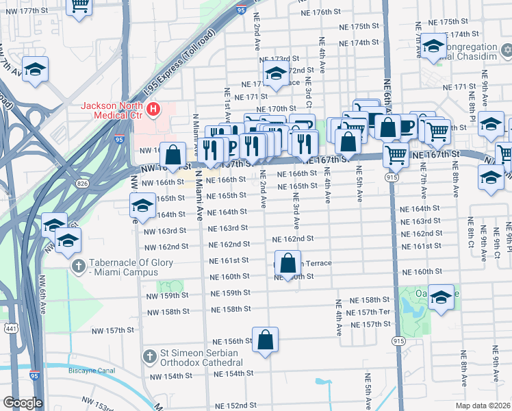 map of restaurants, bars, coffee shops, grocery stores, and more near 200 Northeast 164th Terrace in North Miami Beach