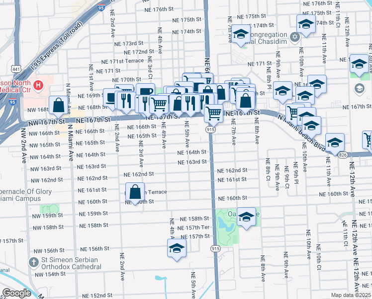 map of restaurants, bars, coffee shops, grocery stores, and more near 500 Northeast 164th Terrace in Miami