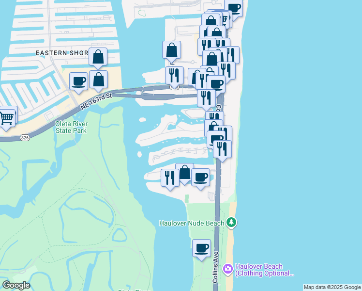 map of restaurants, bars, coffee shops, grocery stores, and more near 301 Poinciana Island Drive in Sunny Isles Beach