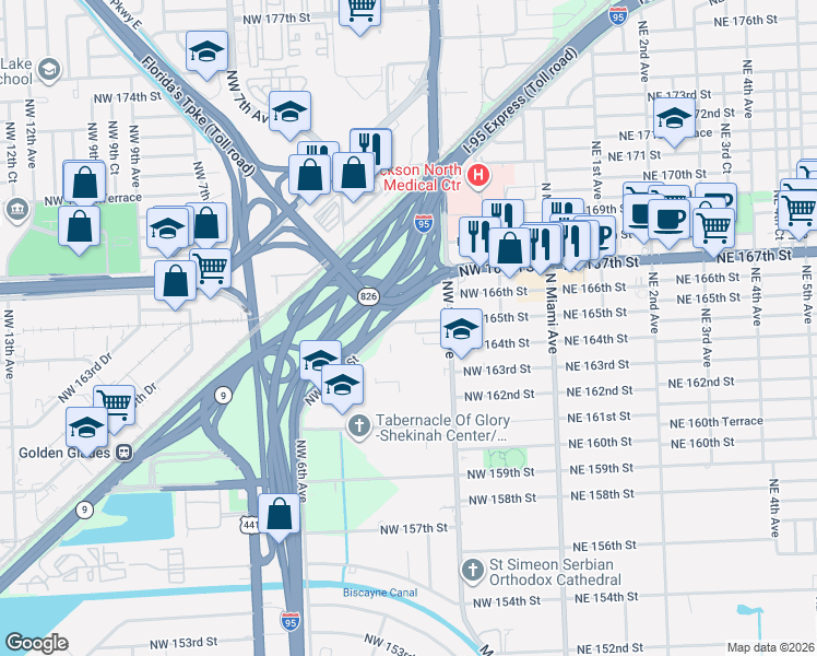 map of restaurants, bars, coffee shops, grocery stores, and more near 290 Northwest 165th Street in Miami