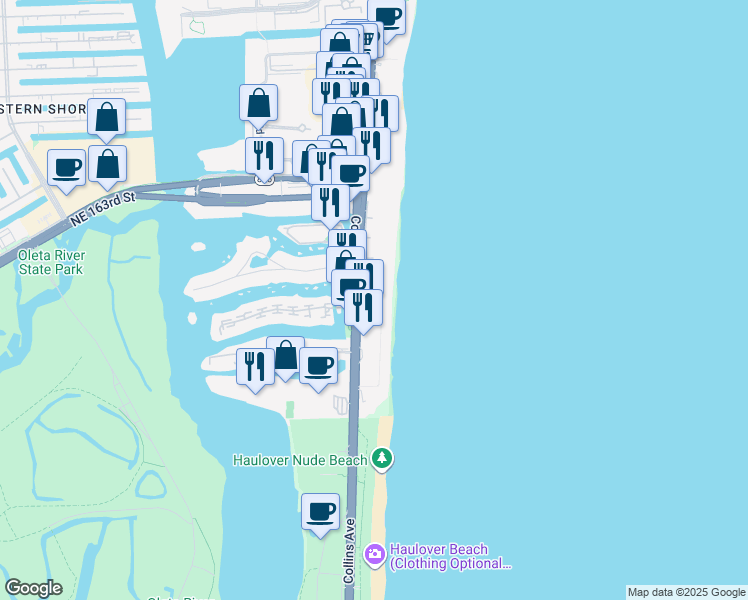 map of restaurants, bars, coffee shops, grocery stores, and more near 16049 Collins Avenue in Sunny Isles Beach