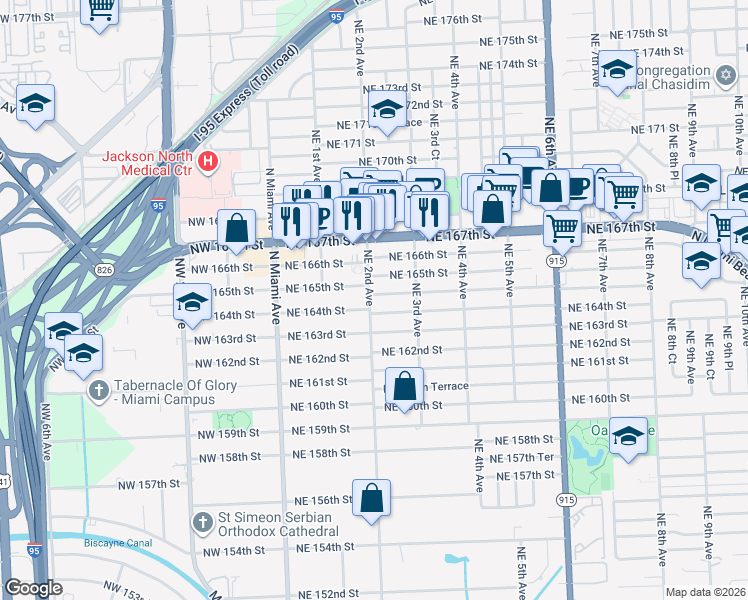 map of restaurants, bars, coffee shops, grocery stores, and more near 200 Northeast 164th Terrace in North Miami Beach