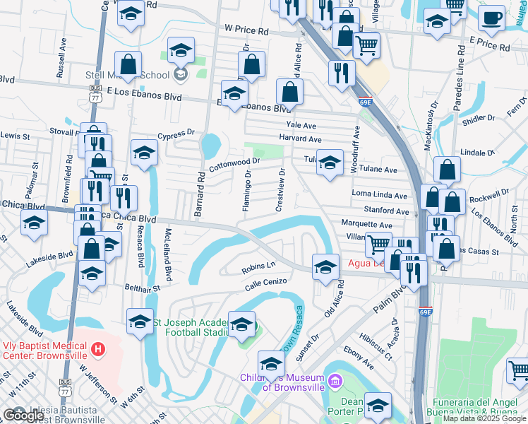 map of restaurants, bars, coffee shops, grocery stores, and more near 1375 Crestview Drive in Brownsville