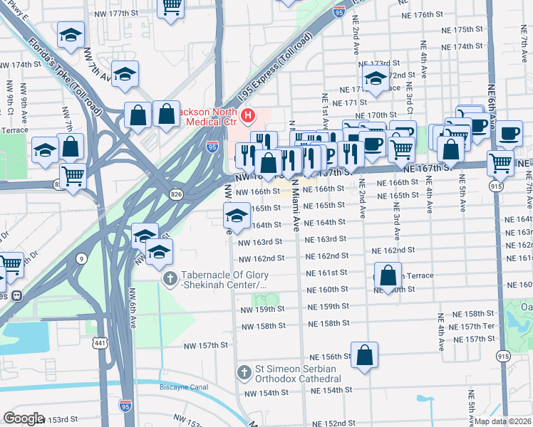 map of restaurants, bars, coffee shops, grocery stores, and more near 98 Northwest 165th Street in Miami