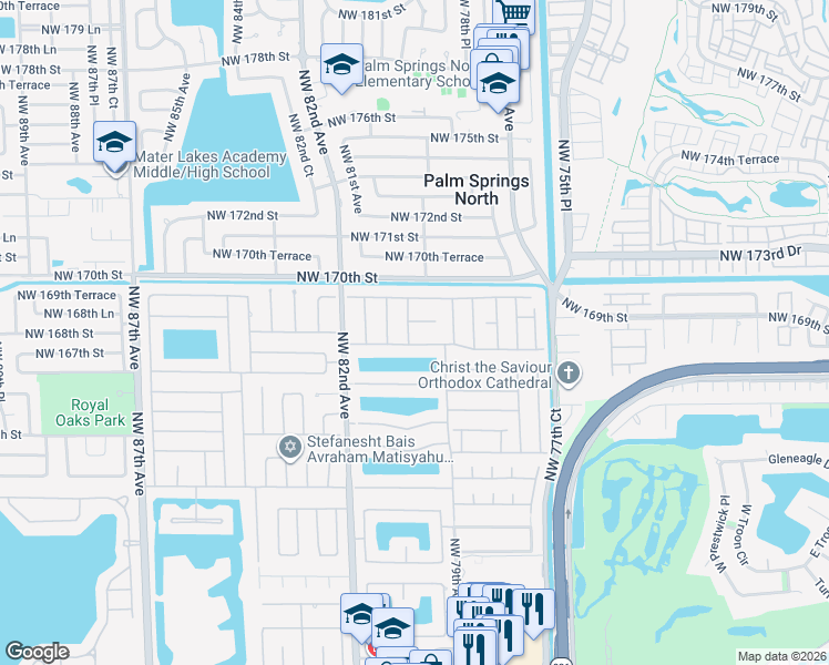 map of restaurants, bars, coffee shops, grocery stores, and more near 16731 Northwest 79th Court in Hialeah