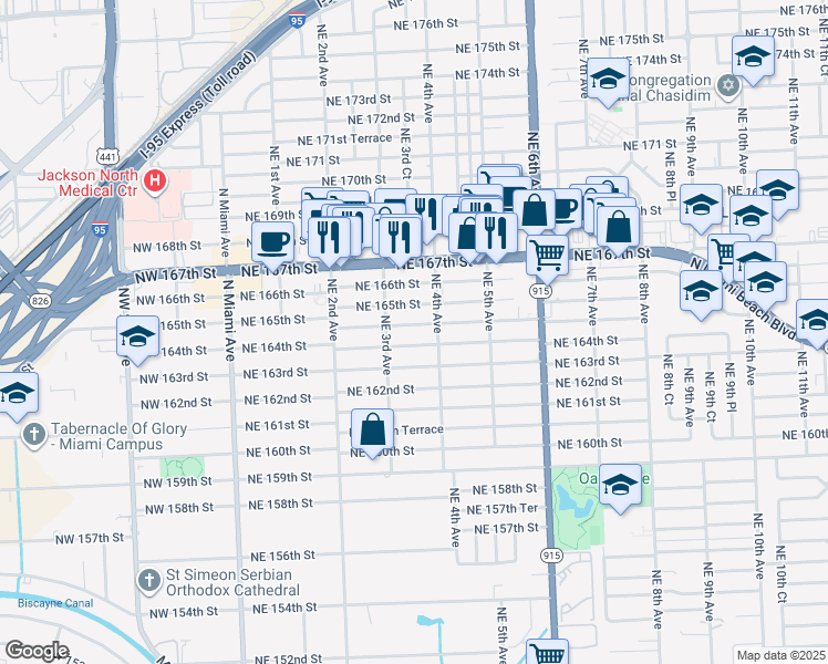 map of restaurants, bars, coffee shops, grocery stores, and more near 350 Northeast 164th Terrace in Miami
