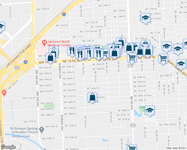 map of restaurants, bars, coffee shops, grocery stores, and more near 280 Northeast 164th Terrace in Miami