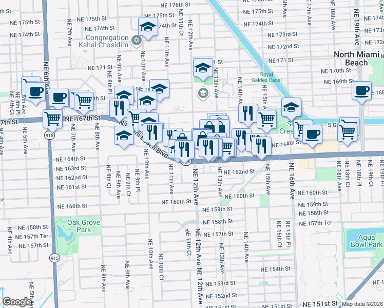 map of restaurants, bars, coffee shops, grocery stores, and more near in North Miami Beach